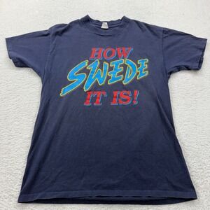 Mens Vintage USA Made How Swede It Is T Shirt Large Navy Blue Cotton Graphic Tee